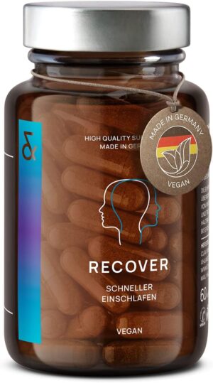 Schlaf-Magnesium mit Melatonin โ Natรผrlich einschlafen & durchschlafen โ Nยฐ6 RECOVER Vegetable Sleeping Agent - Melatonin High Dose with L-Tryptophan, Valerian, Passion Flower, Hops, Balm Extract - Adult Sleep Aid - 60 Melatonin Capsules