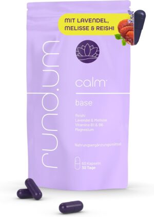 Schlaf-Magnesium mit Melatonin – Natürlich einschlafen & durchschlafen – rund.um calm - 300 mg per daily dose Reishi vital mushroom - with lavender and balm - B vitamins B1 & B6 plus magnesium to support relaxation and stress management - vegan - 60 capsules