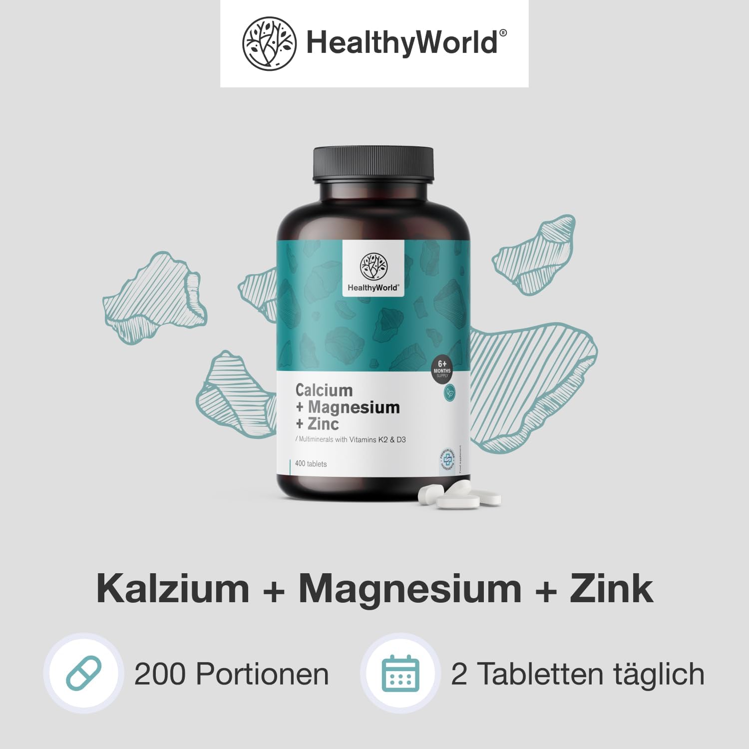 Magnesium Komplex mit B6 & Zink – Calcium + Magnesium + Zinc - Complex with 2 Vitamins & 7 Minerals - 400 Tablets - With Vitamin D3 & K2 - Support for Vitality & Immune System - More Than 6 Months Supply – Bild 3
