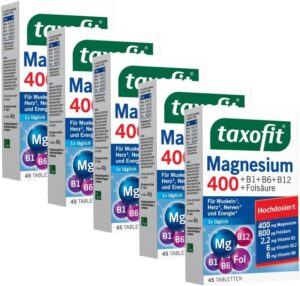Magnesium Komplex mit B6 & Zink – taxofit® Magnesium 400 Tablets for Muscles, Heart, Nerves, Energy Metabolism & Blood Formation, High Dose, Vegan, Dietary Supplement with Magnesium, B Vitamins & Folic Acid, 5 x 45 Tablets