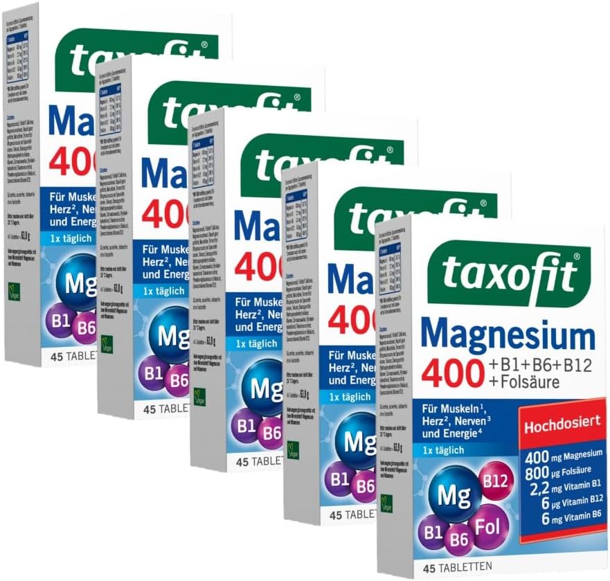 Magnesium Komplex mit B6 & Zink – taxofit® Magnesium 400 Tablets for Muscles, Heart, Nerves, Energy Metabolism & Blood Formation, High Dose, Vegan, Dietary Supplement with Magnesium, B Vitamins & Folic Acid, 5 x 45 Tablets