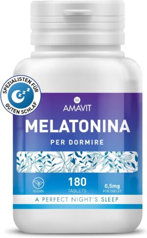Schlaf-Magnesium mit Melatonin – Natürlich einschlafen & durchschlafen – Melatonin High Dose Tablets [Easy to Swallow] 100% Vegan - Dietary Supplement for Sleep - Pure Melatonin with Adenosine and Glycine - Gluten and Lactose Free 0.5 mg 180 Tablets