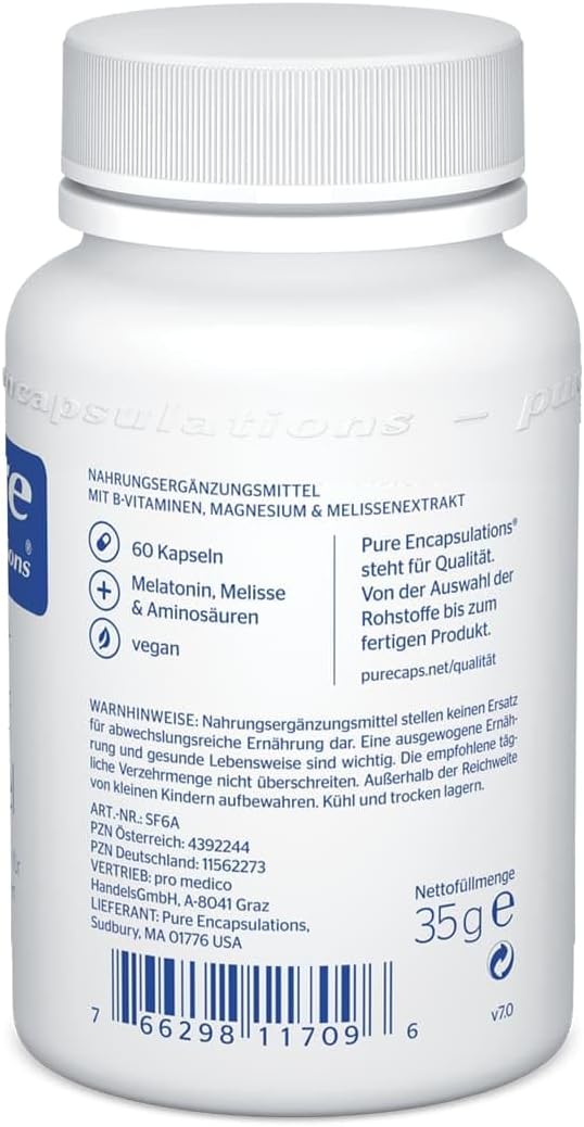 Schlaf-Magnesium mit Melatonin – Natürlich einschlafen & durchschlafen – Pure Encapsulations - Sleep Formula - Nutrient Complex with Melissa Extract, B Vitamins, Magnesium, Zinc and Amino Acids - 60 Capsules – Bild 7