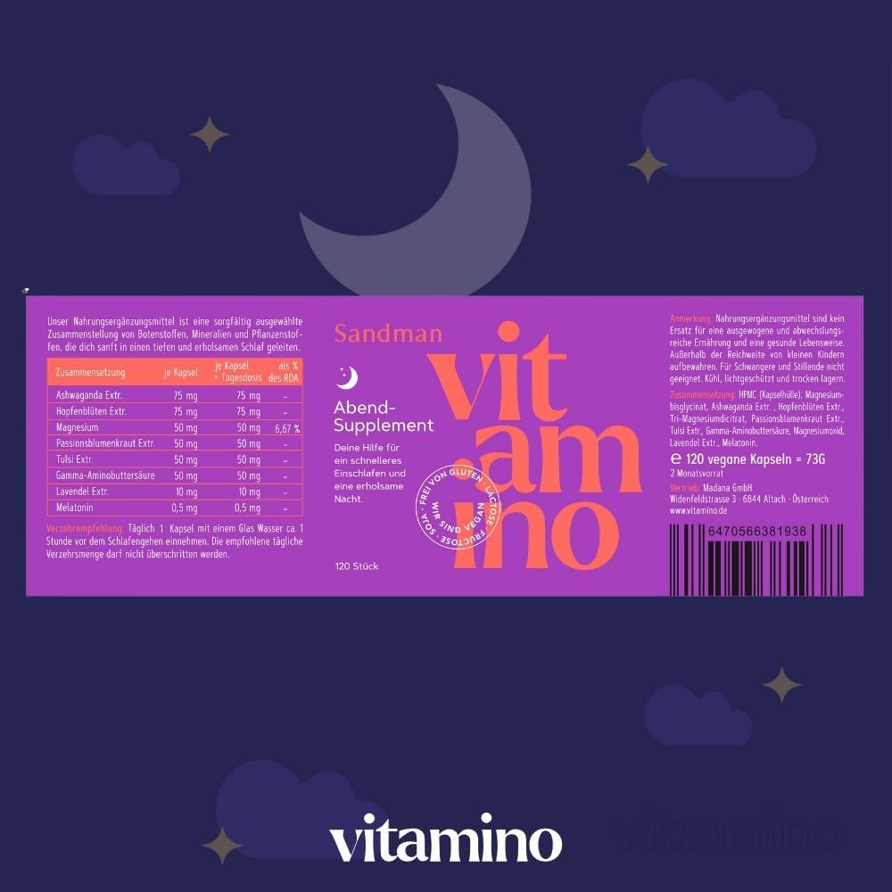 Schlaf-Magnesium mit Melatonin – Natürlich einschlafen & durchschlafen – Vitamino Sandman Melatonin Capsules High Dose with Ashwagandha, GABA, Magnesium and Plant Extracts, for a Deep and Restful Sleep, Vegan, Gluten-Free, Lactose-free - 120 Capsules – Bild 5