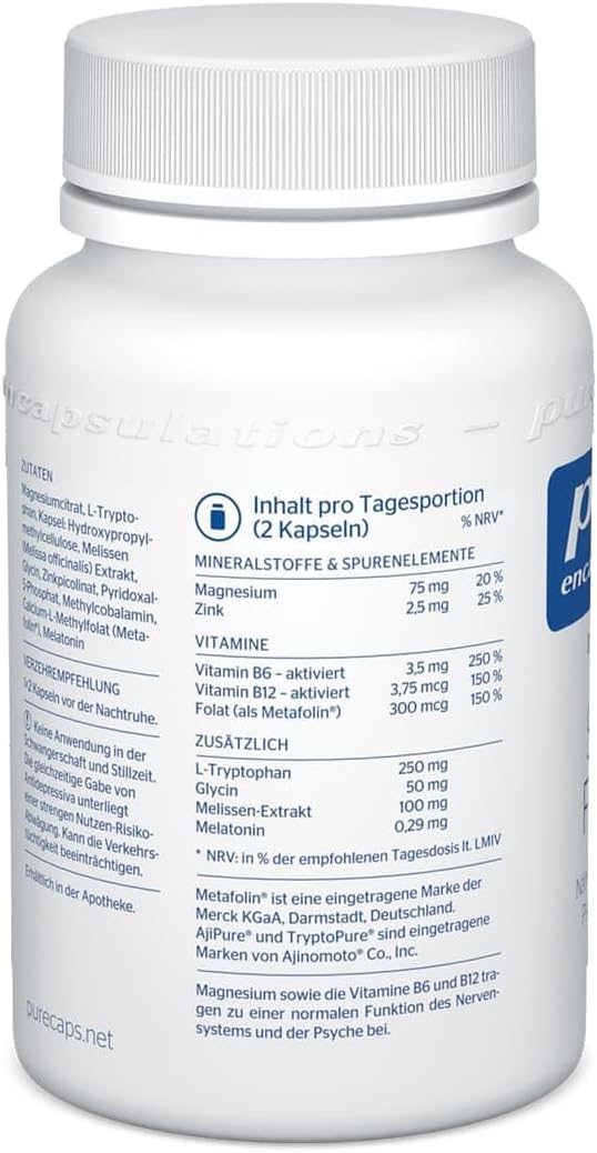 Schlaf-Magnesium mit Melatonin – Natürlich einschlafen & durchschlafen – Pure Encapsulations - Sleep Formula - Nutrient Complex with Melissa Extract, B Vitamins, Magnesium, Zinc and Amino Acids - 60 Capsules – Bild 9