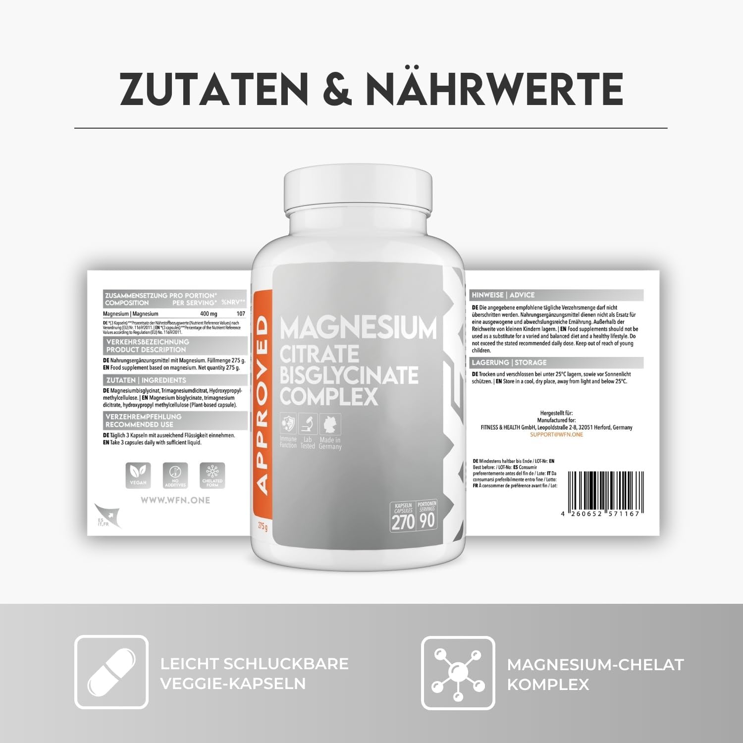 Magnesium 400 mg – WFN Approved Magnesium Complex - 270 Vegan Capsules - With Magnesium Bisglycinate & Magnesium Citrate - 400 mg Elementary Magnesium High Dose - Produced & Laboratory Tested in Germany – Bild 5
