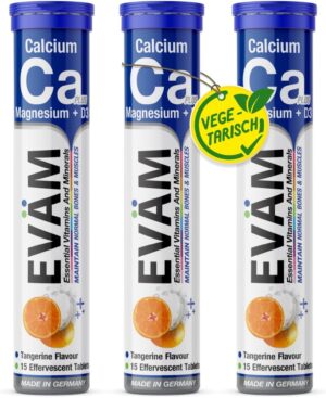 Magnesium 600 mg – Calcium Magnesium D3 Effervescent Tablets, Mandarin Flavour, 3 x 15 Pieces, Dietary Supplement to Support Bones and Muscles, Suitable for Vegetarians, Made in Germany