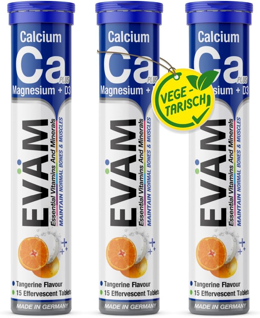 Magnesium 600 mg – Calcium Magnesium D3 Effervescent Tablets, Mandarin Flavour, 3 x 15 Pieces, Dietary Supplement to Support Bones and Muscles, Suitable for Vegetarians, Made in Germany