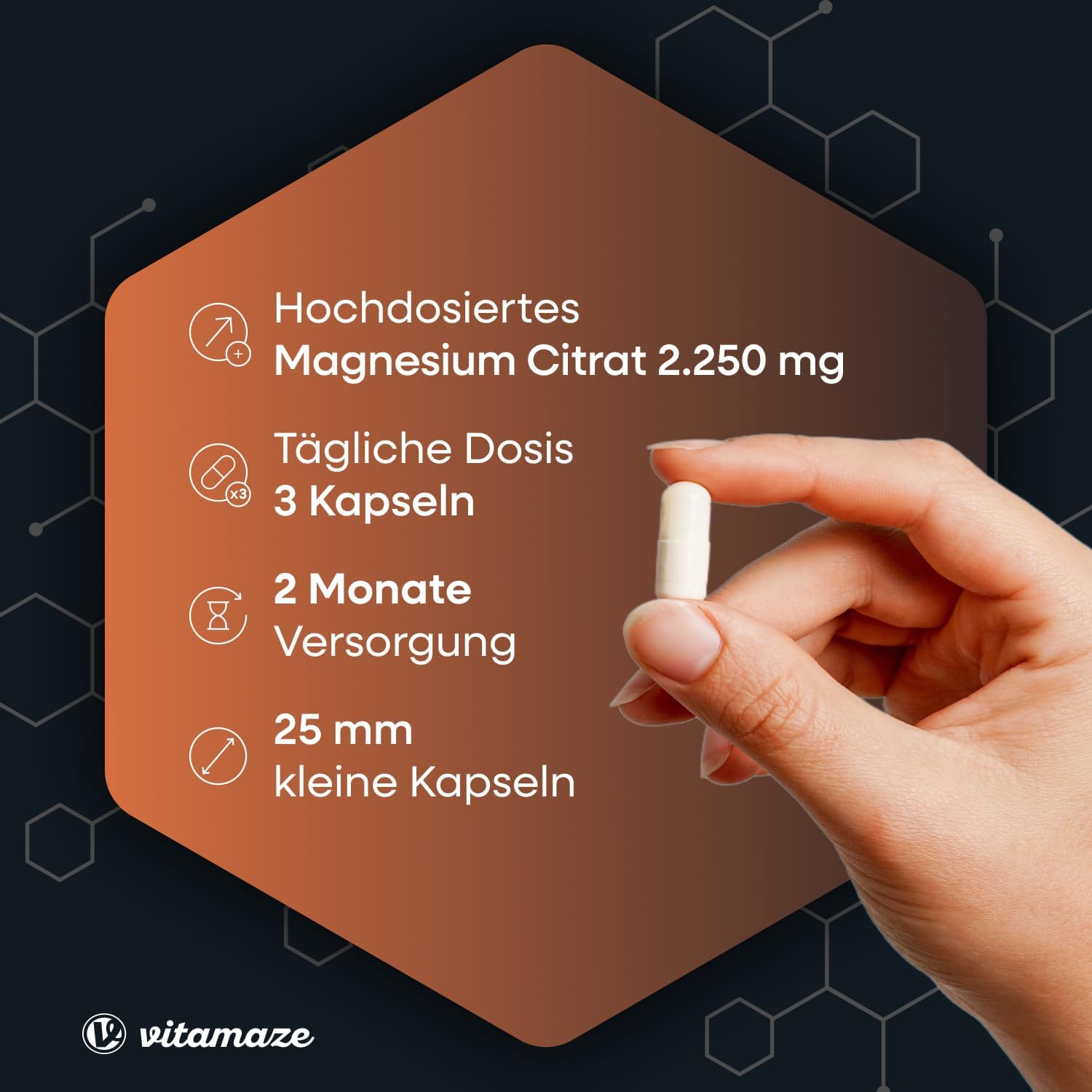 Magnesium 400 mg – Magnesium Citrate Capsules High Dose & Vegan, 2250 mg of which 360 mg Elementary Magnesium per Daily Dose, 180 Capsules for 2 Months, Natural Supplement without Additives, Made in Germany – Bild 2