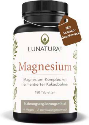 Magnesium Komplex mit B6 & Zink โ Magnesium Complex with Chocolate Flavour - With Fermented Cocoa Bean - 375 mg Magnesium per Daily Dose - 180 Vegan Tablets