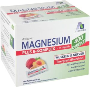 Magnesium Komplex mit B6 & Zink – Magnesium 400 + Vitamin B Complex Direct with Delicious Peach Passion Fruit Flavour - Direct Granules for Ingestion Without Water