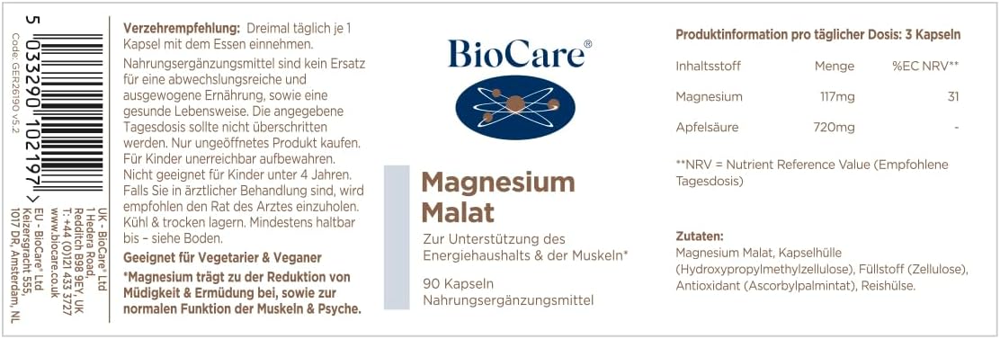 Magnesium 600 mg – BioCare - Magnesium Malate | To Support Energy Balance & Muscles - 90 Capsules Dietary Supplement – Bild 9