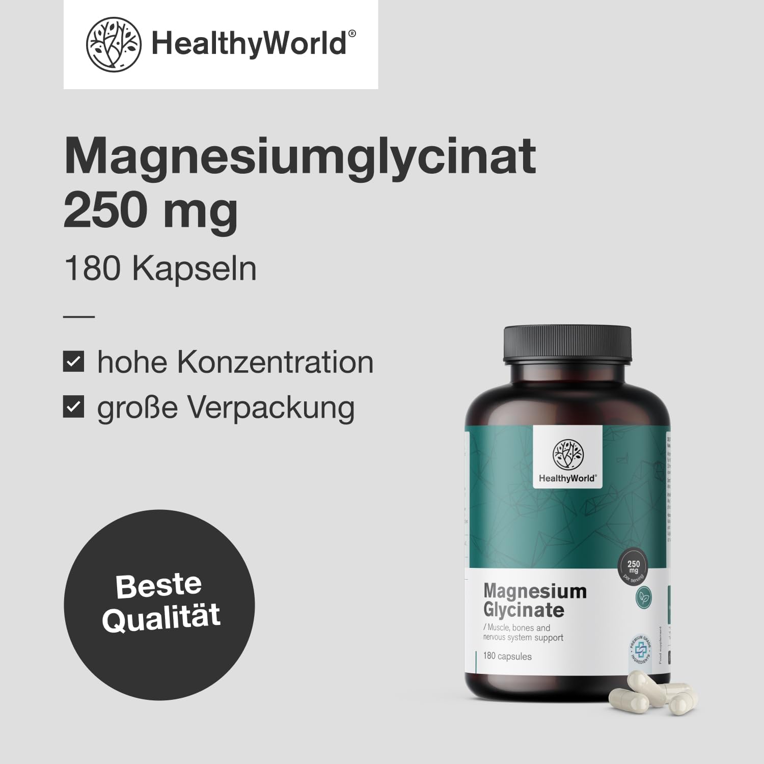 Magnesium 250 mg – Magnesium Glycinate 250 mg - 180 Plant Capsules - For More Energy and Muscle Support - Training, Fitness and Immune System - 125 mg Magnesium per Capsule - 3 Month Supply – Bild 2