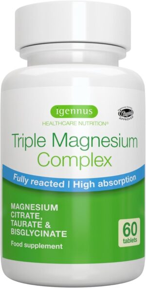 Magnesium Komplex mit B6 & Zink โ Igennus Advanced Triple Magnesium Complex, Fully Reacted & Chelated Glycinate, Taurate & Citrate, Clean Label, High Bioavailability & Absorption, 60 Tablets, Vegan