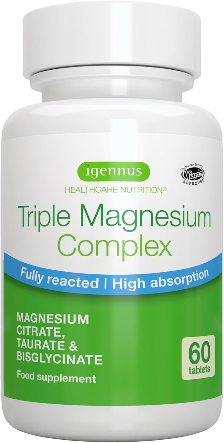 Magnesium Komplex mit B6 & Zink – Igennus Advanced Triple Magnesium Complex, Fully Reacted & Chelated Glycinate, Taurate & Citrate, Clean Label, High Bioavailability & Absorption, 60 Tablets, Vegan