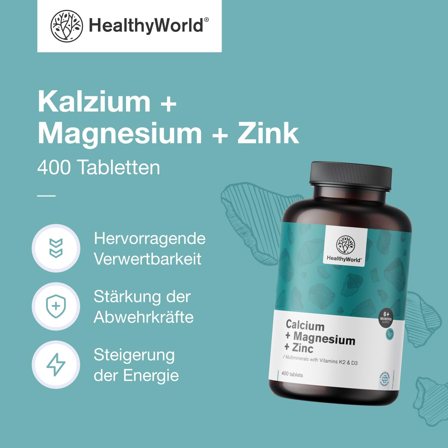 Magnesium Komplex mit B6 & Zink – Calcium + Magnesium + Zinc - Complex with 2 Vitamins & 7 Minerals - 400 Tablets - With Vitamin D3 & K2 - Support for Vitality & Immune System - More Than 6 Months Supply – Bild 4
