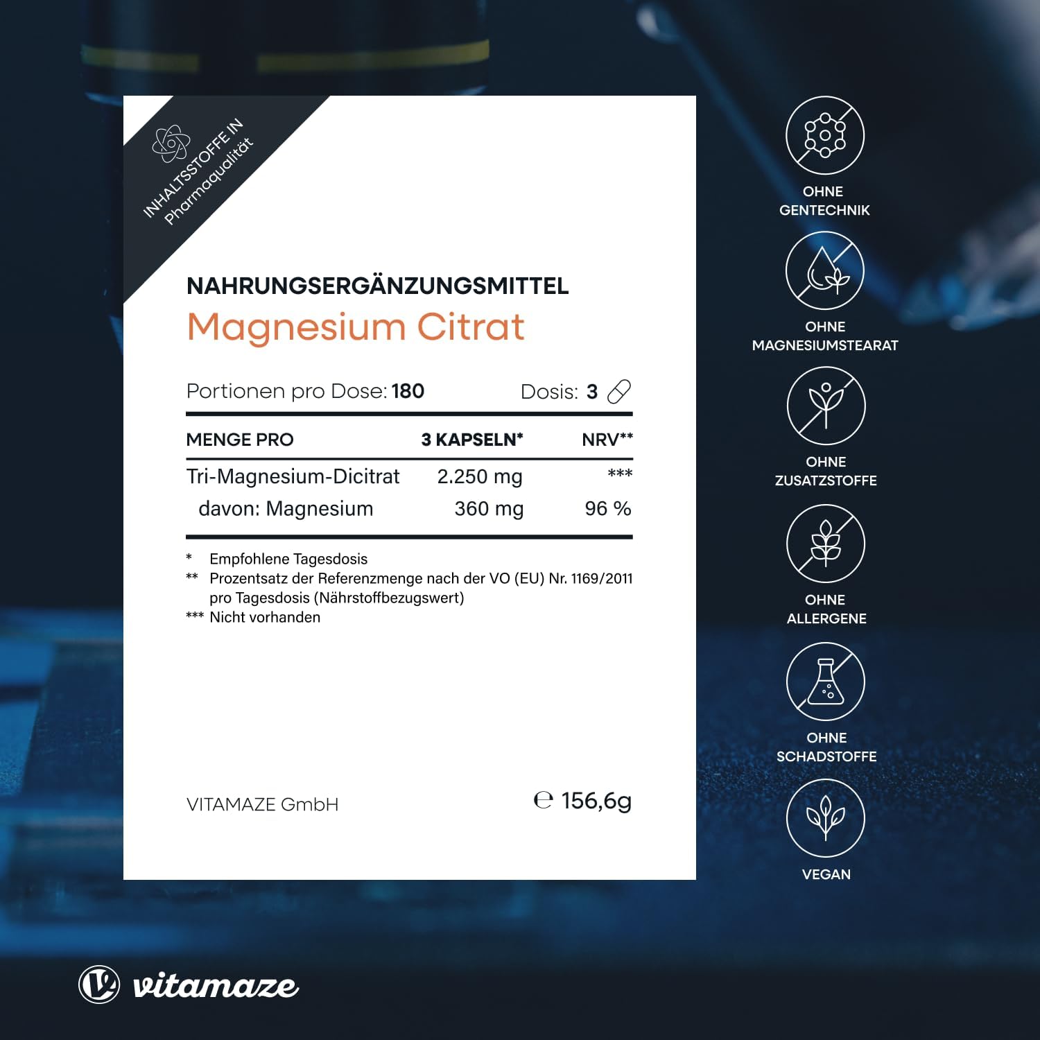 Magnesium 400 mg – Magnesium Citrate Capsules High Dose & Vegan, 2250 mg of which 360 mg Elementary Magnesium per Daily Dose, 180 Capsules for 2 Months, Natural Supplement without Additives, Made in Germany – Bild 5