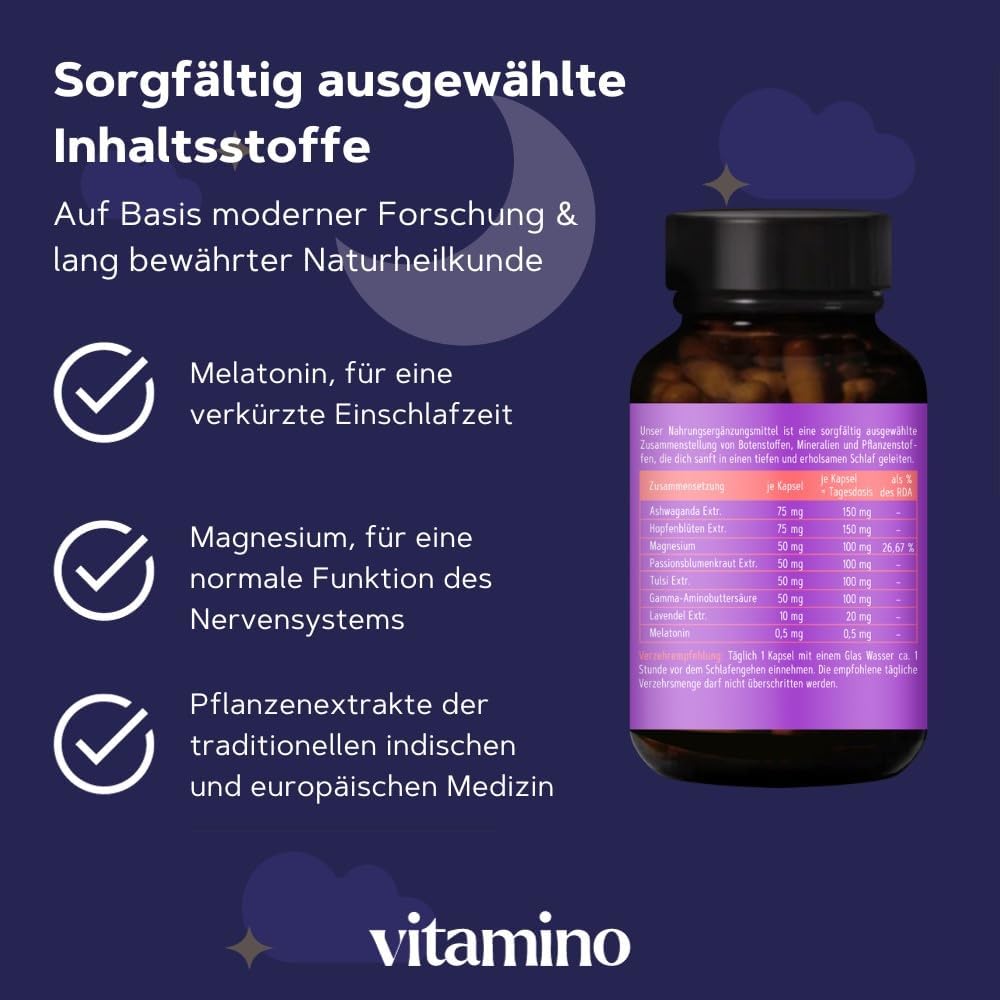 Schlaf-Magnesium mit Melatonin – Natürlich einschlafen & durchschlafen – Vitamino Sandman Melatonin Capsules High Dose with Ashwagandha, GABA, Magnesium and Plant Extracts, for a Deep and Restful Sleep, Vegan, Gluten-Free, Lactose-free - 120 Capsules – Bild 3