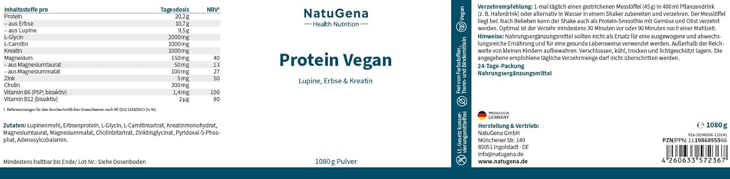 Magnesium Komplex mit B6 & Zink – NatuGena Protein Vegan, Vegetable Protein Powder with Pea & Lupine Protein, Creatine, L-Carnitine, Glycine, Magnesium, Zinc & Vitamin B Complex, 1080 g Powder (24 Day Pack) – Bild 11