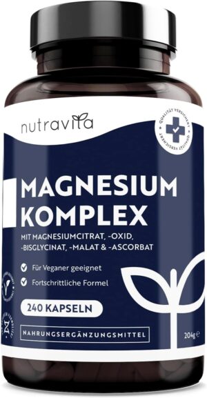 Magnesium Komplex mit B6 & Zink โ Magnesium Complex โ 240 High Dose Capsules with 1146 mg Magnesium Citrate Bisglycinate Oxide, Bisglycinate, Malate, Ascorbate of which 400 mg Elemental Magnesium Vegan per Daily Dose Nutravita