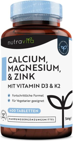Magnesium 600 mg – Calcium Magnesium Zinc - 400 High Dose Vegetarian Tablets (6 Months) - Magnesium Oxide with Vitamin D3, K2, Selenium, Manganese - Complex with 600 mg Calcium per Daily Dose - Bones + Muscles -