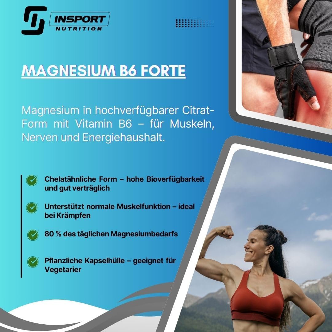 Magnesium Komplex mit B6 & Zink – Insport Magnesium B6 Forte with 300 mg Magnesium & 3 mg Vitamin B6 - High Dose Citrate Complex Against Muscle Cramps & Fatigue – Bild 2