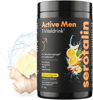 Magnesium Komplex mit B6 & Zink โ Serotalin Active Men T-Vital Drink for Men, Magnesium Complex Powder with Creatine, L-Citrulline, L-Tyrosine, Vitamin B Complex, Vegan & Made in Germany, Lemon-Ginger