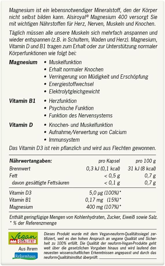 Magnesium Komplex mit B6 & Zink – Alsiroyal Magnesium 400 (20 Capsules) - Magnesium Complex High Dose with Vitamin B1 & D for Daily Supply of Heart, Nerves, Muscles & Bones - Dietary Supplement - Vegan & Sugar-Free – Bild 2