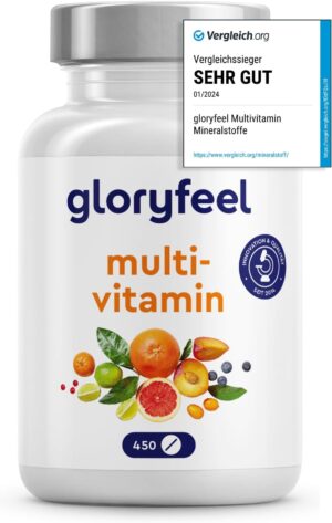 Magnesium 600 mg – Gloryfeel High-Dose Multivitamins – 450 Tablets, Valuable Minerals and All A-Z Vitamins – 15 Months’ Supply – Supports the Immune System – Laboratory Tested without Additives, Made in Germany