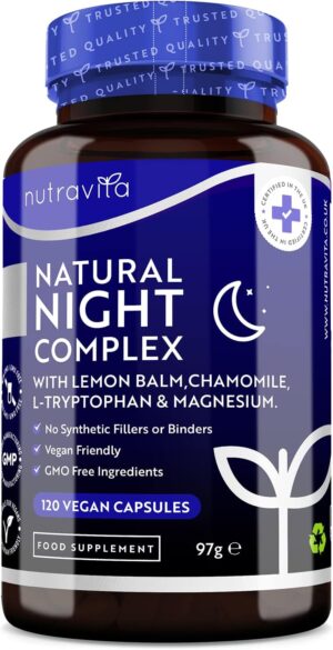 Schlaf-Magnesium mit Melatonin – Natürlich einschlafen & durchschlafen – Nutravita Natural Sleep Complex Vegan - 120 Vegan Capsules - For Quiet Nights - Lemon Balm, Chamomile, Magnesium 187.5 mg & Vitamin D3 & B12 - Alternative to Melatonin Sleep Spray