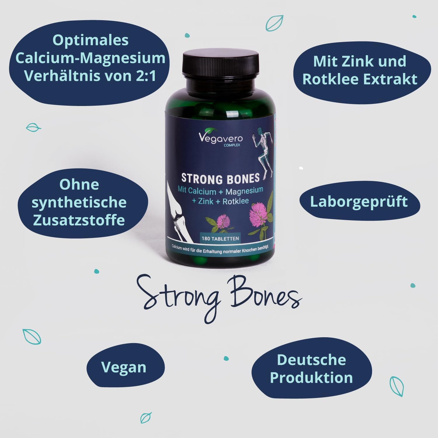 Magnesium 400 mg – Strong Bones | 800 mg Calcium High Dose + 400 mg Magnesium per Day | Laboratory Tested & Vegan | 180 Tablets | No Additives | German Production by Vegavero® – Bild 3