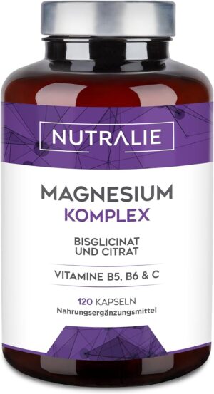 Magnesium Komplex mit B6 & Zink – Nutralie Magnesium and Vitamin B5, B6 and C – Magnesium Bisglycinate and Magnesium Citrate 100% Bioavailability – 120 Capsules, 108 g