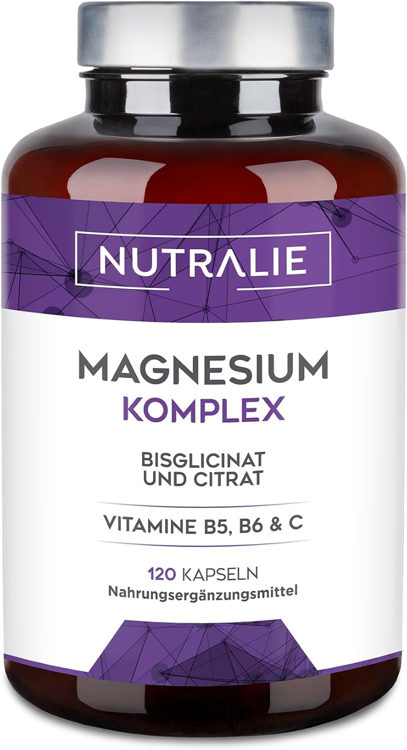 Magnesium Komplex mit B6 & Zink – Nutralie Magnesium and Vitamin B5, B6 and C – Magnesium Bisglycinate and Magnesium Citrate 100% Bioavailability – 120 Capsules, 108 g