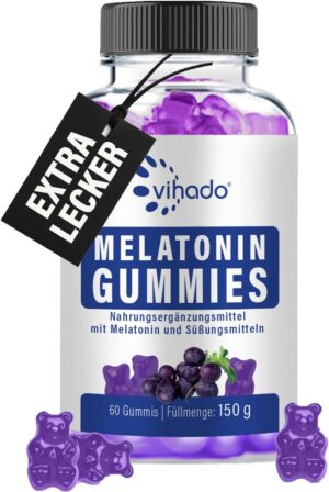 Schlaf-Magnesium mit Melatonin – Natürlich einschlafen & durchschlafen – Vihado Melatonin Gummies – So Delicious and Soft, High Dosage, Sugar-Free, Vegan – Better with Vitamin D3, K2, Passion Flower and Chamomile, 60 Gummies