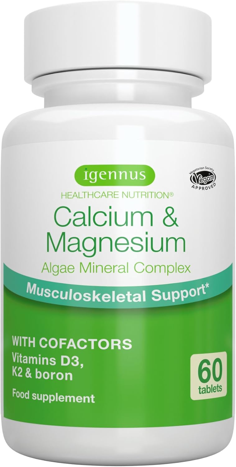 Magnesium Komplex mit B6 & Zink – Igennus Calcium Magnesium Complex with Vitamin D3, K2 and Boron as Co-Factors, High Dose, Algae Mineral Complex, Vegan, 60 Tablets