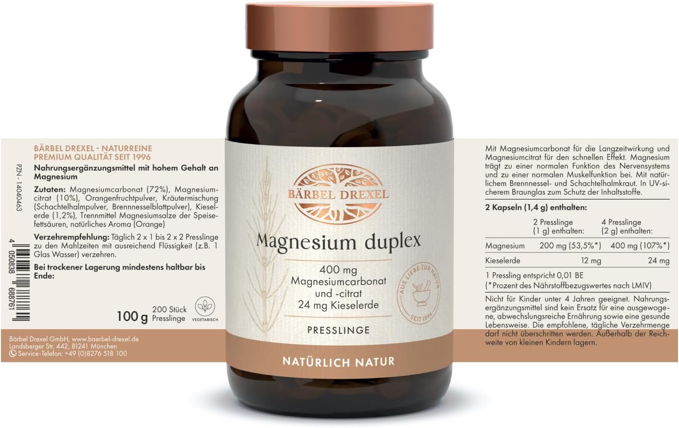 Magnesium 250 mg – BÄRBEL DREXEL® Magnesium duplex for acute needs and depot build-up (200 pieces), magnesium carbonate, silica, magnesium citrate, magnesium tablets, high dose without synthetic additives – Bild 4