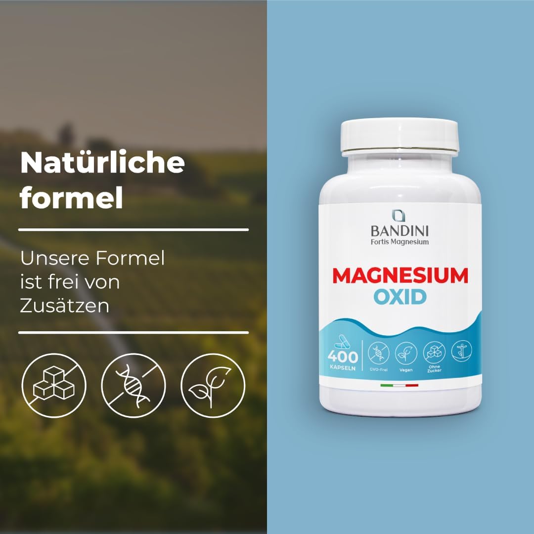Magnesium 600 mg – Bandini® Magnesium Oxide 400 Capsules (+1 Year), Magnesium High Dose 664 mg (of which 400 mg Elementary Magnesium) per Capsule, Energy Booster, Fights Fatigue, Supports Muscles and Bones, Vegan – Bild 5