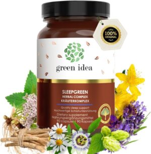Schlaf-Magnesium mit Melatonin – Natürlich einschlafen & durchschlafen – Green idea - SLEEPGREEN Sleeping Tablets Better Sleep - Ashwagandha, St. John's Wort, L-Tryptophan, Valerian, Hops - No Melatonin - Sedative Human - Sleep Aid Adult 90 Kaps