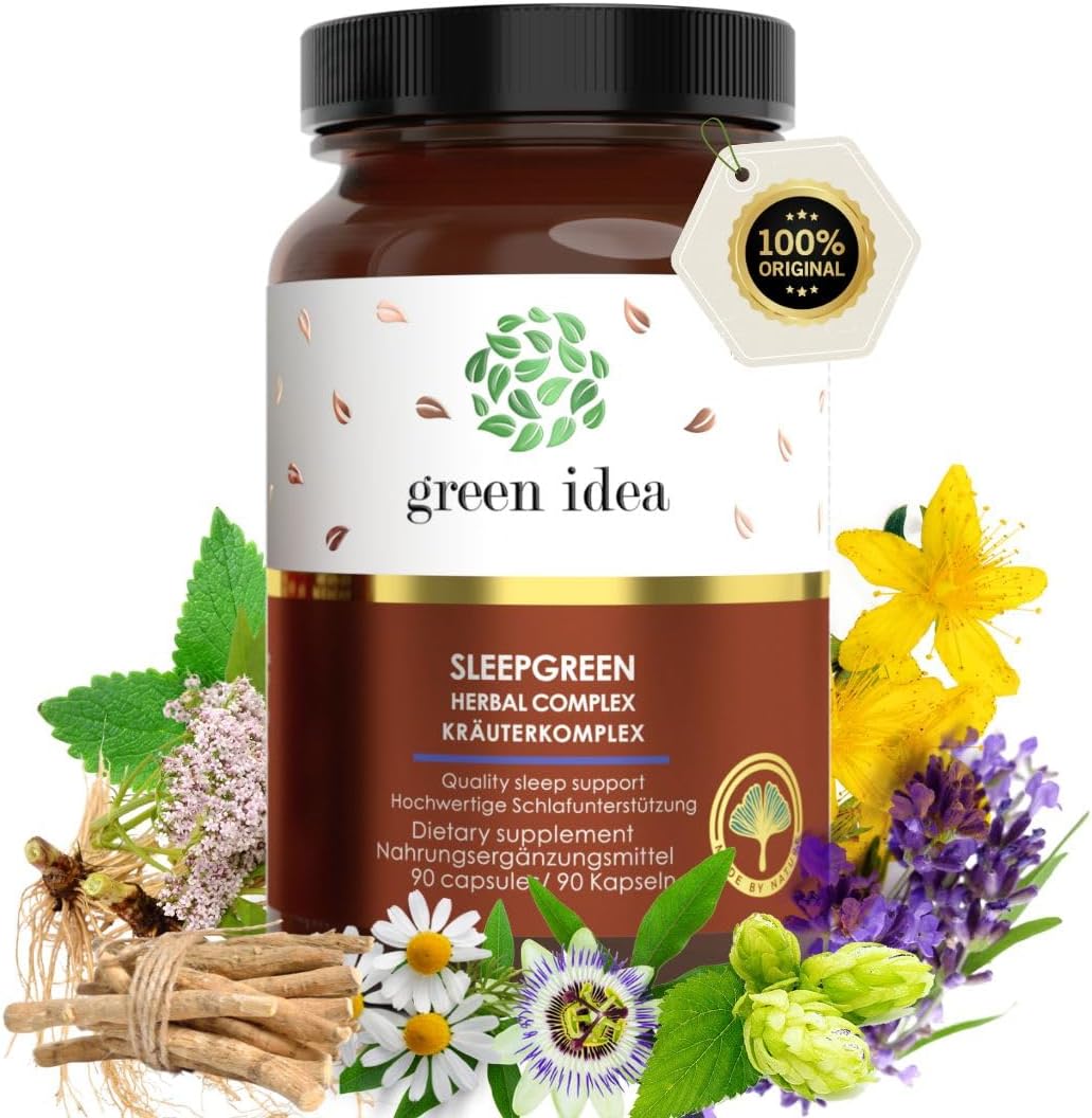 Schlaf-Magnesium mit Melatonin – Natürlich einschlafen & durchschlafen – Green idea - SLEEPGREEN Sleeping Tablets Better Sleep - Ashwagandha, St. John's Wort, L-Tryptophan, Valerian, Hops - No Melatonin - Sedative Human - Sleep Aid Adult 90 Kaps