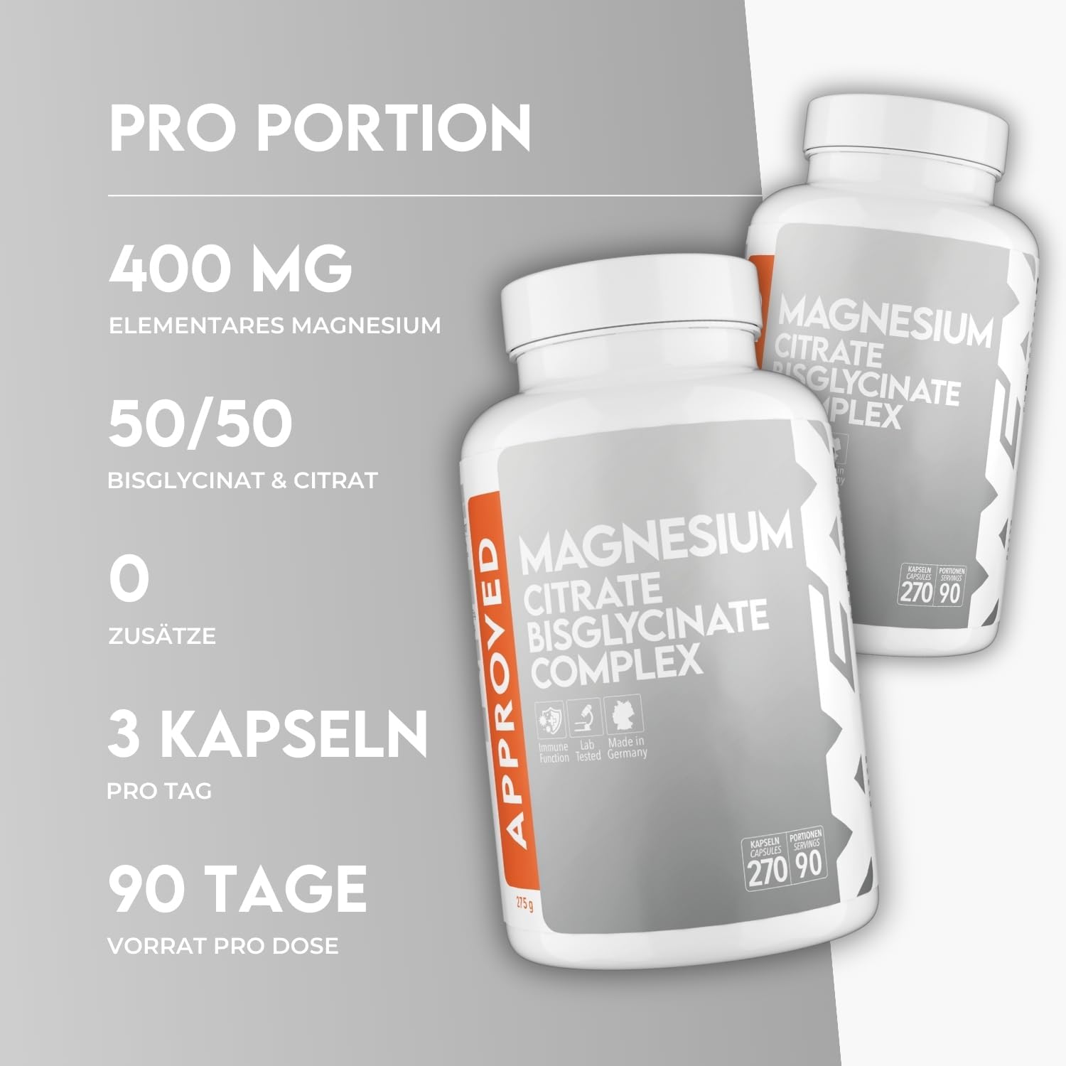 Magnesium 400 mg – WFN Approved Magnesium Complex - 270 Vegan Capsules - With Magnesium Bisglycinate & Magnesium Citrate - 400 mg Elementary Magnesium High Dose - Produced & Laboratory Tested in Germany – Bild 3