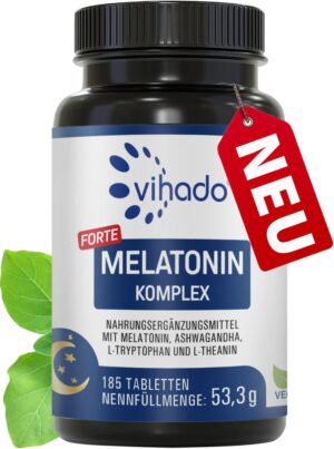 Schlaf-Magnesium mit Melatonin – Natürlich einschlafen & durchschlafen – Vihado Melatonin Tablets High Dose - 370 Nights Forte Complex Vegan - Pure without Additives - Plus L-Theanine, L-Tryptophan, Ashwagandha, 185 Tablets, Melatonin, 1
