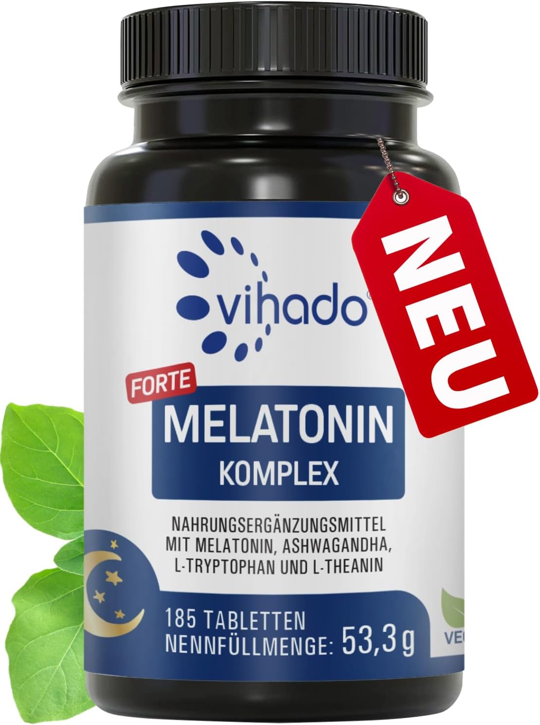 Schlaf-Magnesium mit Melatonin – Natürlich einschlafen & durchschlafen – Vihado Melatonin Tablets High Dose - 370 Nights Forte Complex Vegan - Pure without Additives - Plus L-Theanine, L-Tryptophan, Ashwagandha, 185 Tablets, Melatonin, 1