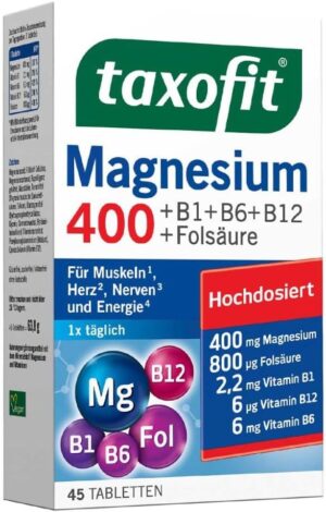 Magnesium 600 mg – Taxofit Magnesium 400 + B1 + B6 + B12 + Folic Acid Tablets Pack of 45