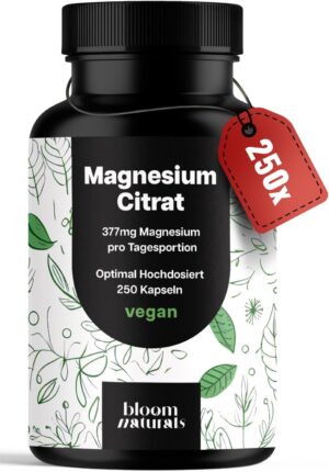 Magnesium 600 mg – Magnesium Citrate Capsules High Dose - 250 Capsules with 377 mg Magnesium per Daily Serving, Laboratory Tested, Vegan & Produced in Germany