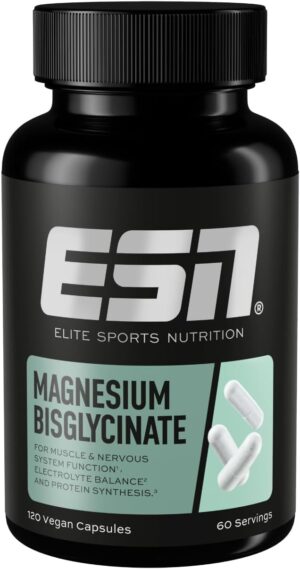 Magnesium 250 mg – ESN Magnesium Caps, 120 Capsules, 194 mg Magnesium per Daily Serving - Magnesium Bisglycinate Capsules, High Bioavailability - Made in Germany