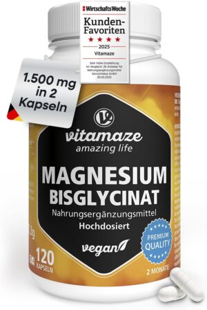 Magnesium 400 mg – Magnesium Bisglycinate Capsules High Dose, 1500 mg in Only 2 Capsules of which 300 mg Elementary Magnesium per Daily Dose, 120 Vegan Capsules for 2 Months, No Additives, Made in Germany