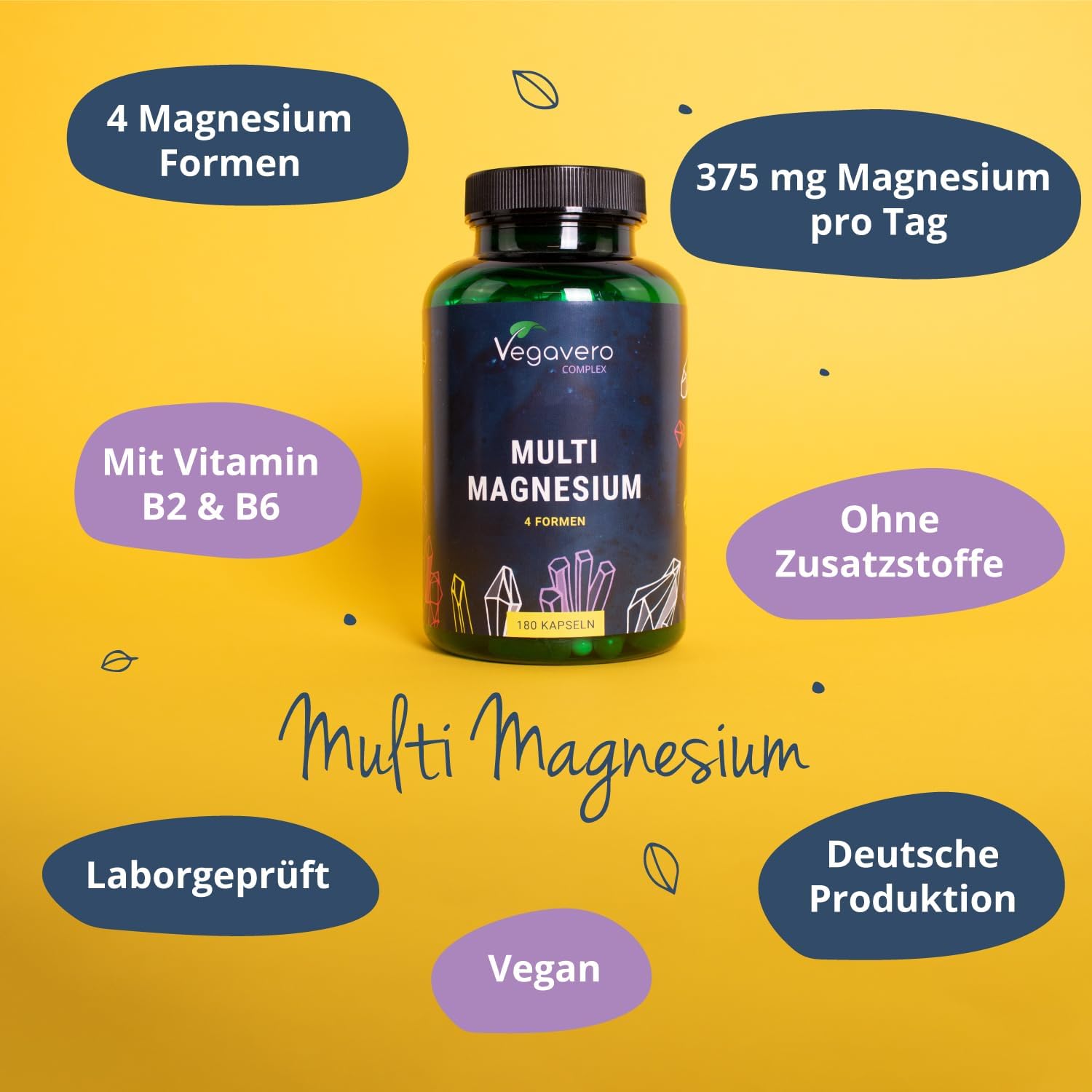 Magnesium 250 mg – Magnesium Complex Vegavero | With 4 Bioactive Forms: Bisglycinate, Taurate, Malate & Citrate | 375 mg & Elementary | Vegan & No Additives | 180 Capsules – Bild 5