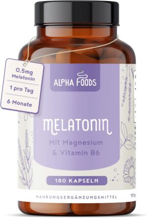 Schlaf-Magnesium mit Melatonin – Natürlich einschlafen & durchschlafen – Melatonin High Dose | 180 Capsules | 0.5 mg per Capsule | With Magnesium, Vitamin B6, Passion Flower & Chamomile | Alternative to Sleep Spray & Sleeping Tablets | 100% Vegan Alpha Foods