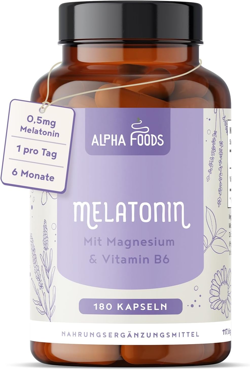 Schlaf-Magnesium mit Melatonin – Natürlich einschlafen & durchschlafen – Melatonin High Dose | 180 Capsules | 0.5 mg per Capsule | With Magnesium, Vitamin B6, Passion Flower & Chamomile | Alternative to Sleep Spray & Sleeping Tablets | 100% Vegan Alpha Foods