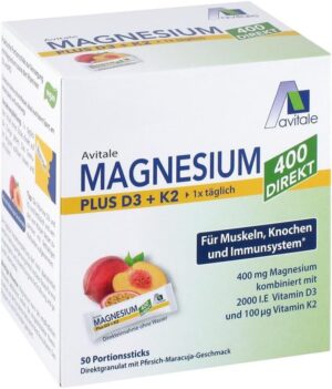 Magnesium 400 mg – Magnesium 400+D3+K2 Direct Sticks Peach Passion Fruit Flavour 50 x 2.5 g